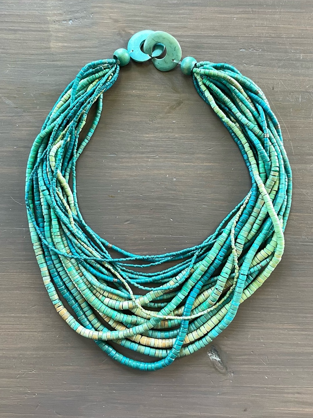 Turquoise Blue Beachy Bohemian Coconut Shell Heishi Beaded Necklace